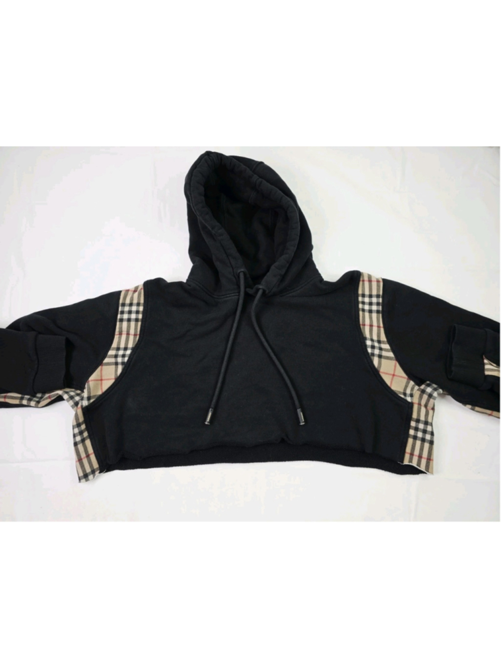 BURBERRY Hoodie Pullover Black Cropped Cut Off See Dec. Size XL - Picture 2 of 6
